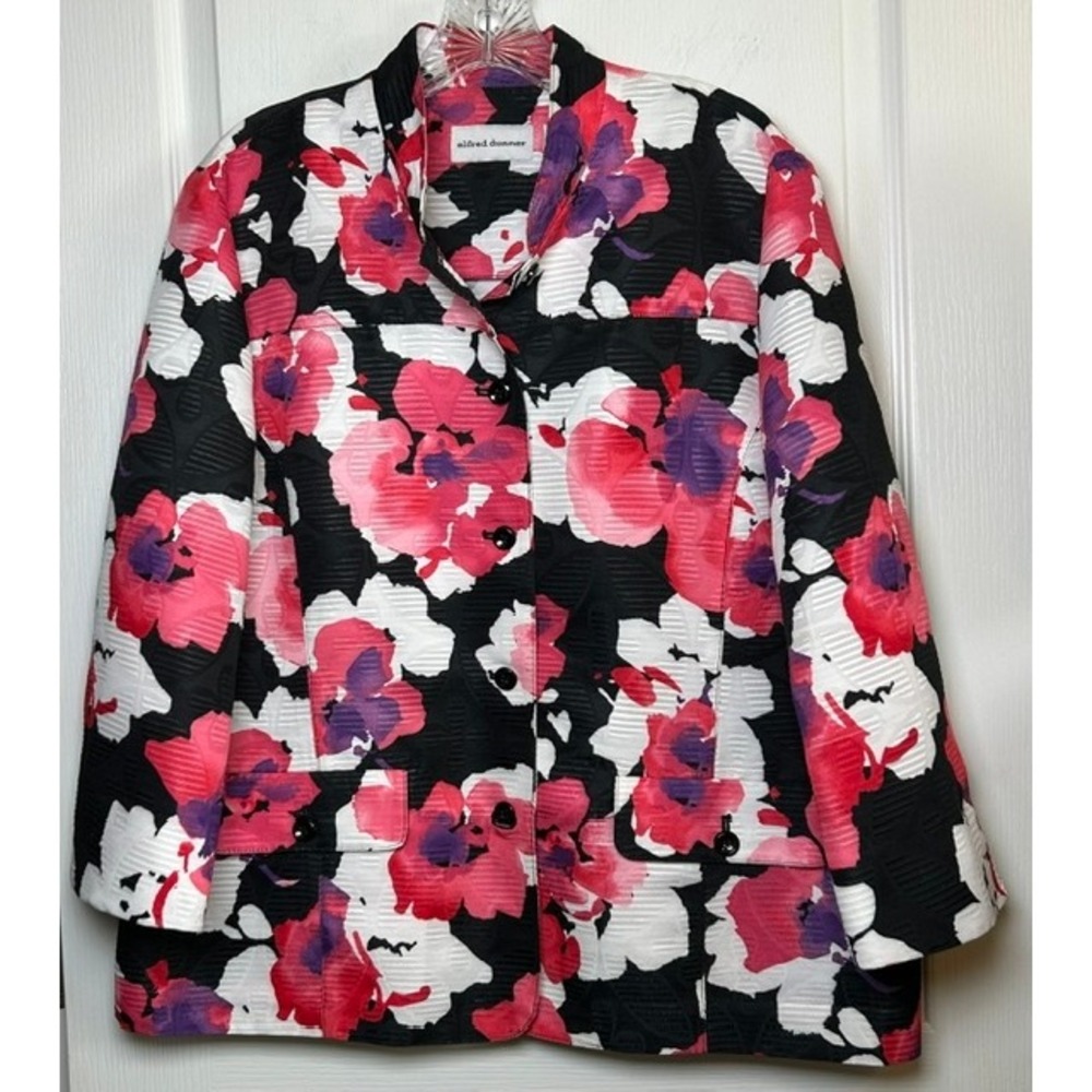 Alfred Dunner Women's Pink Black Floral Print Button Up Blazer Jacket 16 Career